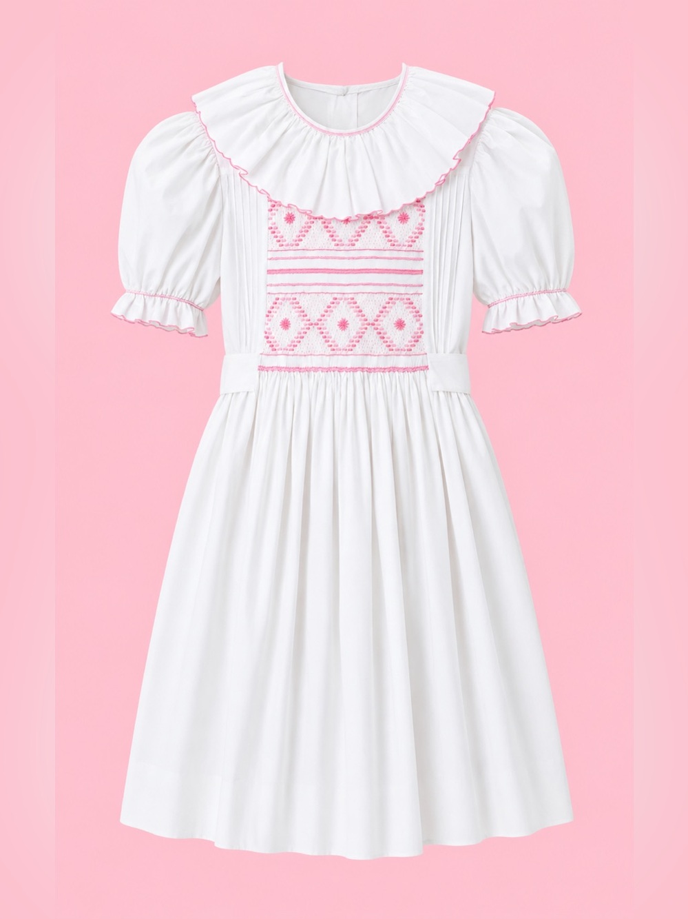 Vintage 80s Girls White Dress with Pink Smocked Bodice